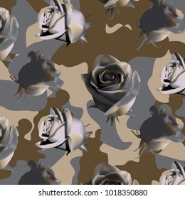 Fashionable camouflage brown and grey pattern with grey roses with grey leaves 