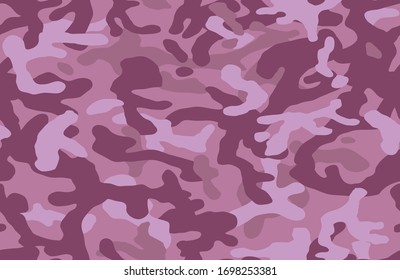 Fashionable camouflage pattern. Military fabric design. Seamless  background, masking clothing, camo repeat print. Pink purple color. Vector wallpaper.