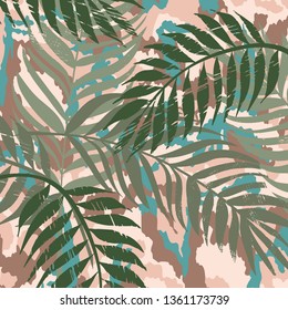 Fashionable camouflage pattern, vector illustration over Tropical palm leaves