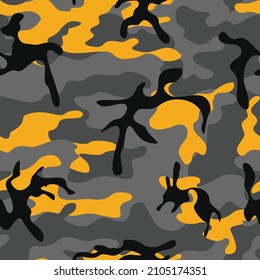 Fashionable camouflage pattern, vector texture, dark background with yellow spots. Ornament