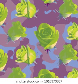 Fashionable camouflage pink, violet pattern with lime roses with leaves