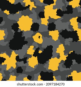 Fashionable camouflage texture, vector gray background with yellow spots, seamless illustration.