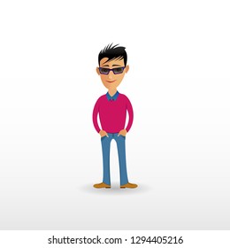 Fashionable cartoon guy in blue jeans and sunglasses. Funny cartoon guy. Vector. Cartoon guy picture. Young man vector illustration.