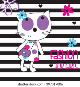 fashionable cat on striped background, fashion for girls, T-shirt design for kids vector illustration