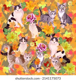 Fashionable cats in zinnia flower hats sit among fallen autumn leaves and flowers. Seamless bright animal print for fabric with the symbols of the Chinese New Year 2023.