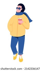 Fashionable celebrity with cup of coffee semi flat color vector character. Posing figure. Full body person on white. Park visitor simple cartoon style illustration for web graphic design and animation