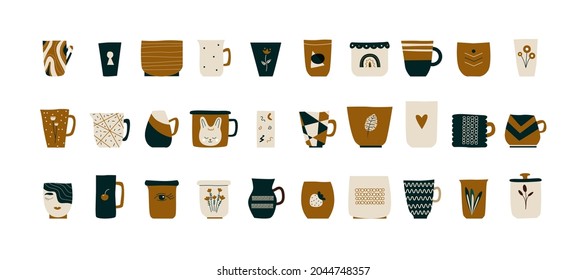 Cubos de cerámica de moda. té al estilo escandinavo, tazas de café. Vista lateral de los modernos motivos florales geométricos. Colorido conjunto de porcelana. Bebidas tazas de ilustración. Vector aislado en fondo blanco