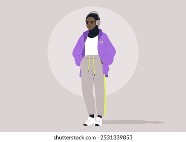 A fashionable character dressed in a purple oversized jacket and sweatpants stands confidently with headphones on, She enjoys music, blending modern style with cultural expression