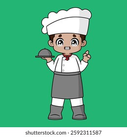 A fashionable chibi male chef is grinning and holding a plate of food.