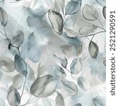 Fashionable Chic Fall Winter Green Grey Forest Eucalyptus Leaf Watercolor Abstract Scandinavian Design Seamless Pattern Wallpaper Curtain Bedding Background Upholstery Gift Wrapping Paper Vector 