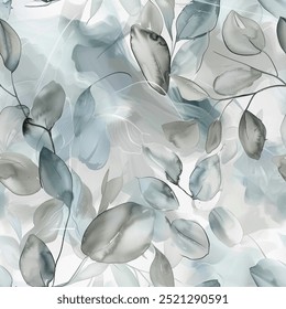 Fashionable Chic Fall Winter Green Grey Forest Eucalyptus Leaf Watercolor Abstract Scandinavian Design Seamless Pattern Wallpaper Curtain Bedding Background Upholstery Gift Wrapping Paper Vector 