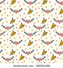 Fashionable children's pattern Heart and Branches. Poster for children's textiles Heart and Foliage. Gold Star background. Doodle cartoon pattern of Scandinavia. Vector illustration