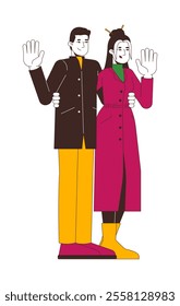 Fashionable chinese couple in winter outerwear waving hands 2D cartoon characters. Asian boyfriend girlfriend greeting isolated people flat vector on white background. Spot illustration colorful