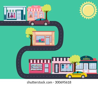 Fashionable city. Street with shops and cars. Vector illustration

