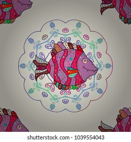 Fashionable Classical embroidery tropical sea, fishes. Neutral, violet and magenta. Vector. Fashionable template for design of clothes. Seamless. Sea tropical fishes. Embroidery sea life collection.