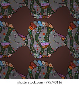 Fashionable Classical embroidery tropical sea, fishes. Sea tropical fishes. Vector sketch. Brown, gray and green. Fashionable template for design of clothes. Seamless.Embroidery sea life collection.