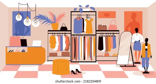 Fashionable clothes boutique background with woman fashion symbols flat vector illustration