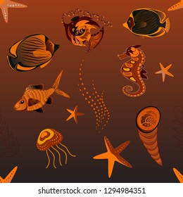 Fashionable clothes in brown, orange, black colors. Classical embroidery tropical sea, wave, fishes, corals, seamless fashion pattern. Embroidery sea life, sea, tropical fishes vector seamless pattern