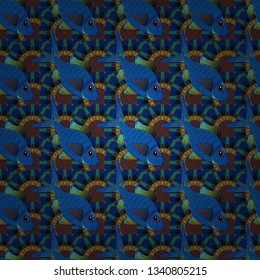 Fashionable clothes. Classical tropical sea, wave, fishes, corals, fashion seamless pattern in blue, gray and green colors. Embroidery sea life, sea, clown fish, tropical fishes seamless pattern.