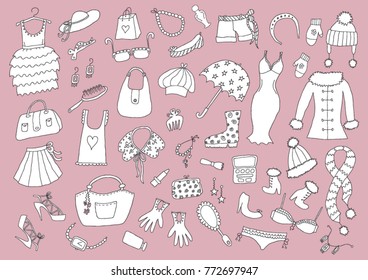Fashionable clothes isolated objects sketch set on pink background