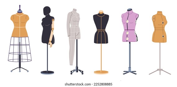 Fashionable clothes making and sewing, bespoke or custom clothing for women. Isolated mannequins with waist for apparels and outfits. Clothing for ladies, atelier or shop. Vector in flat style