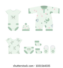 Fashionable clothes for newborns on a white isolated background. Template for album, applique, poster. store design. Vector illustration.
