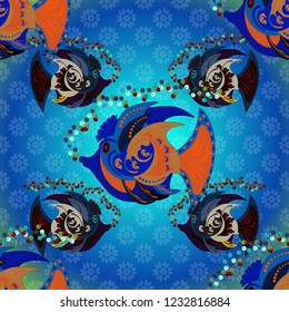 Fashionable clothes, t-shirt design. Orange, black and blue tropical sea, wave, fishes, seamless fashion pattern. Vector seamless embroidery sea life, sea shells, tropical fishes pattern.