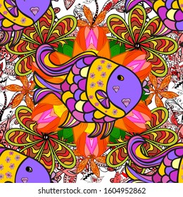 Fashionable clothes. Yellow, violet and gray. Vector. Embroidery sea life, sea, tropical fishes seamless pattern. Classical embroidery tropical sea, wave, fishes, corals, seamless fashion pattern.