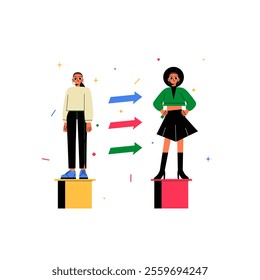 Fashionable Clothing Concept With Two Women Standing On Platforms In Flat Vector Illustration Symbolizing Style, Elegance, And Personal Growth, Isolated On White Background