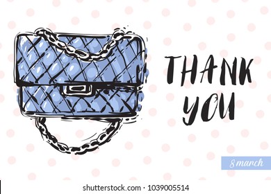 Fashionable clutch bag with motivational text: thank you. Fashion accessory illustration in trendy soft colors for beauty salon, shop, blog print. Isolated symbol on white background.