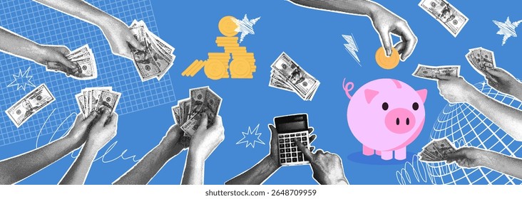 Fashionable collage with halftone images. Hands with 100-dollar bills, cash, gold coins, piggy bank, calculator. Modern retro vector illustration in mixed media with images of money.