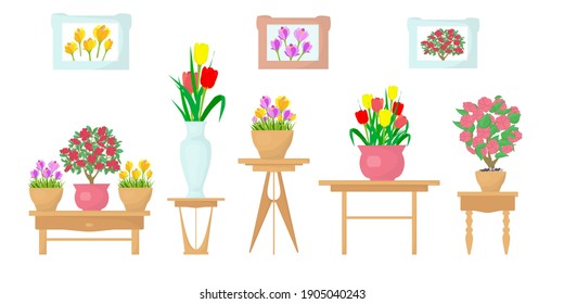 Fashionable collection of furniture for flower shop and home. Cartoon flat design of furniture with flowers, table, flower stands, paintings. Designer fashion items isolated on white background.