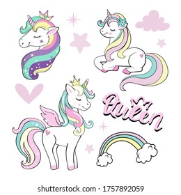 Fashionable collection of unicorns on a white background. Vector illustration