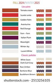 Coleção de cores na moda outono 2024 inverno 2025. Amostra de um fundo de malha para decorar roupas quentes, malhas, padrões, textos de escrita. Publicidade. Vetor 