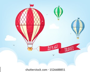 Fashionable color. Lets go travel motivational title. Travel banner with hot air balloons in the sky and flag. Vector illustration in cartoon flat style.