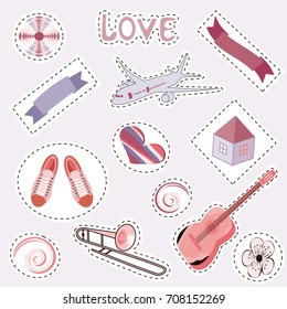 Fashionable color patches with isolated elements on a light background. Set of stickers, pins, patches in cartoon comic style.