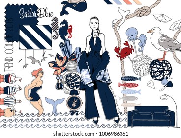 Fashionable color Sailor Blue. Drawn sketch.