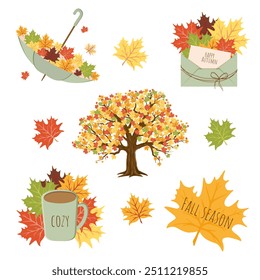 Fashionable Colorful Autumn Stickers Flat Style on white background.Trendy Season Icons Fall. Vector Illustration Umbrella with Leaves, Envelope with Branches, Maple Tree, Hot Chocolate, Autumn Fox.