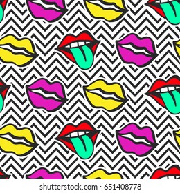 Fashionable colorful lips. Seamless pattern on zig zag background. Comic stickers, pins, patches, badges doodle in cartoon pop art 80s-90s style. Vector illustration