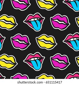 Fashionable colorful mouth lips seamless pattern on black background. Comic stickers, pins, patches, badges doodle in cartoon pop art 80s-90s style. Vector illustration.