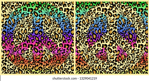 Fashionable colorful seamless backgrounds variation with leopard print and hippie peace symbol. Fashion design for textile, wallpaper, t shirt, bag, poster, scrapbook