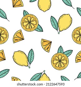 Fashionable and colorful style of yellow summer fruits and leaves with black lines, seamless pattern vector. Design for fashion, fabric, textiles, wallpaper, cover, web, packaging and all prints