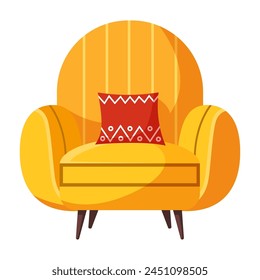 Fashionable comfortable bright yellow armchair with a red pillow isolated on a white background. Furniture for home. Flat vector illustration.