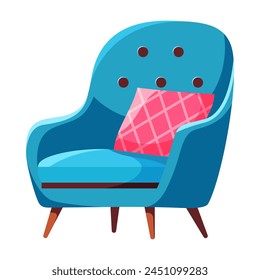 Fashionable comfortable soft bright blue armchair with pink pillow isolated on white background. Furniture for home. Flat vector illustration.