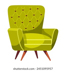 Fashionable comfortable soft bright green armchair isolated on white background. Furniture for home. Flat vector illustration.