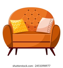 Fashionable comfortable soft bright orange wide armchair with cushions isolated on a white background. Furniture for home. Flat vector illustration.