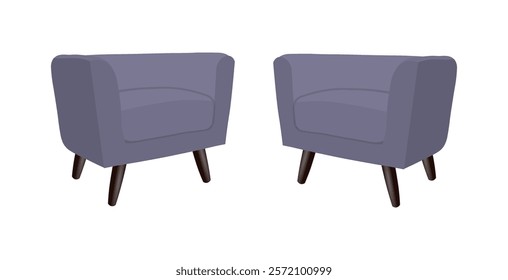 Fashionable comfortable soft bright purple armchairs isolated on white background. Furniture element for cozy home decoration and office interior. Vector illustration. Not AI generated