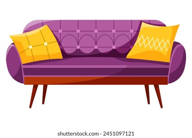 Fashionable comfortable soft purple sofa with yellow pillows, isolated on white background. Furniture for home. Flat vector illustration.