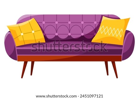 Fashionable comfortable soft purple sofa with yellow pillows, isolated on white background. Furniture for home. Flat vector illustration.