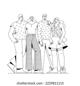 Fashionable company of friends support each other.